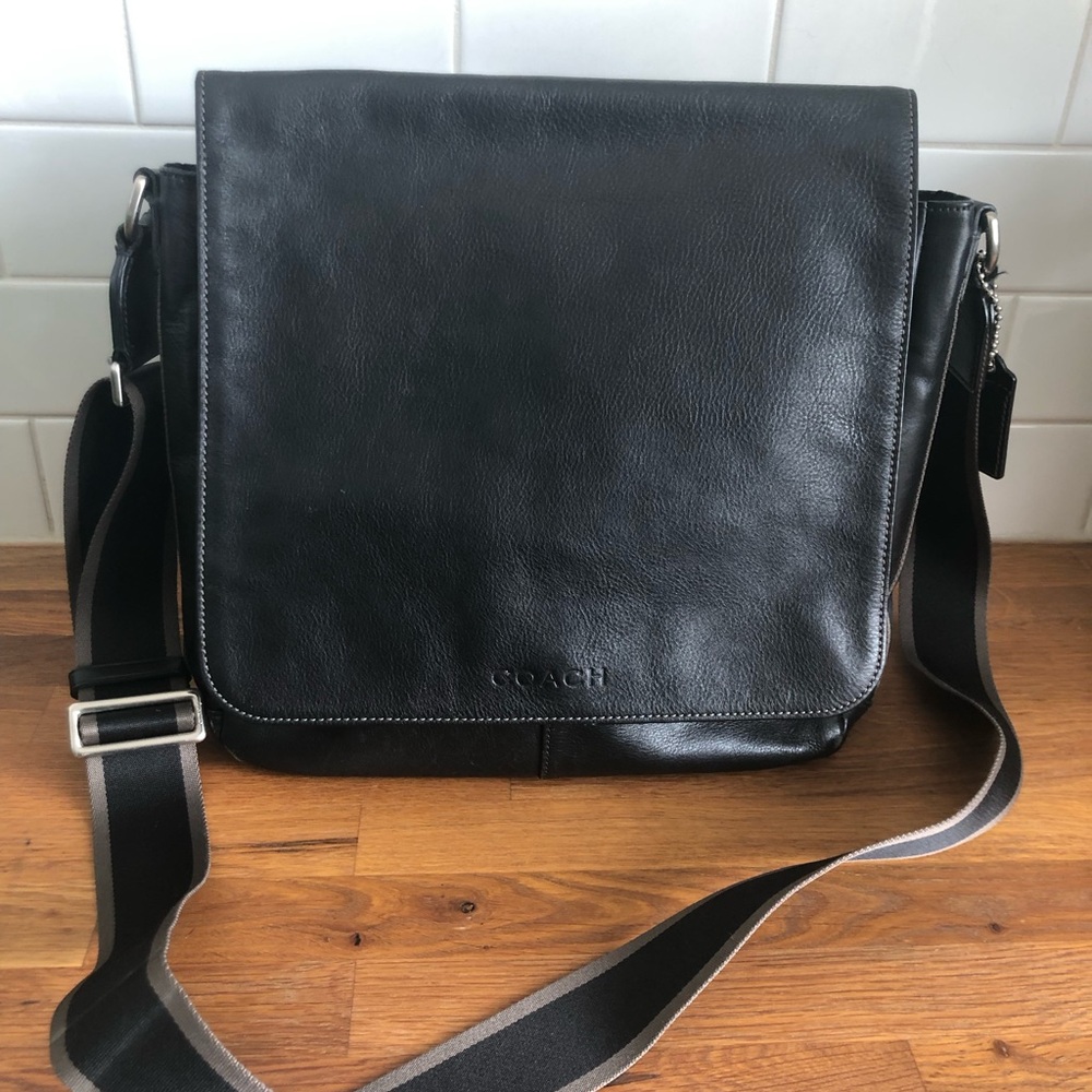 Coach Black Leather Messenger Bag with Striped Strap